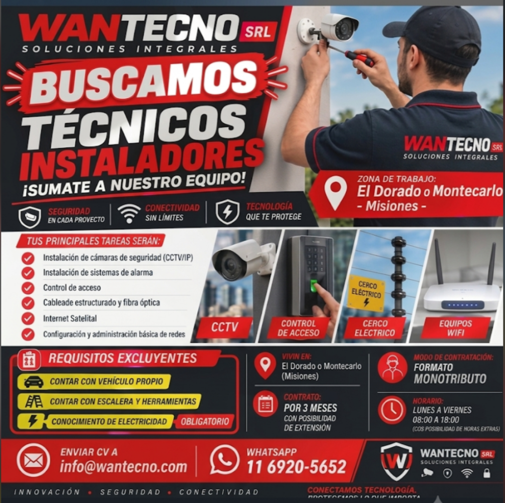 Se Buscan Técnicos Instaladores en Eldorado