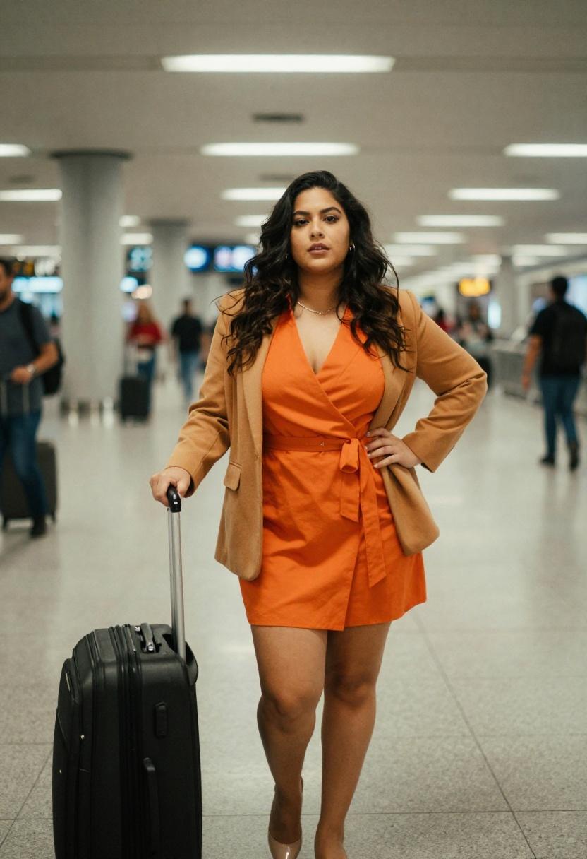 Tangerine wrap dress under camel blazer at busy airport
