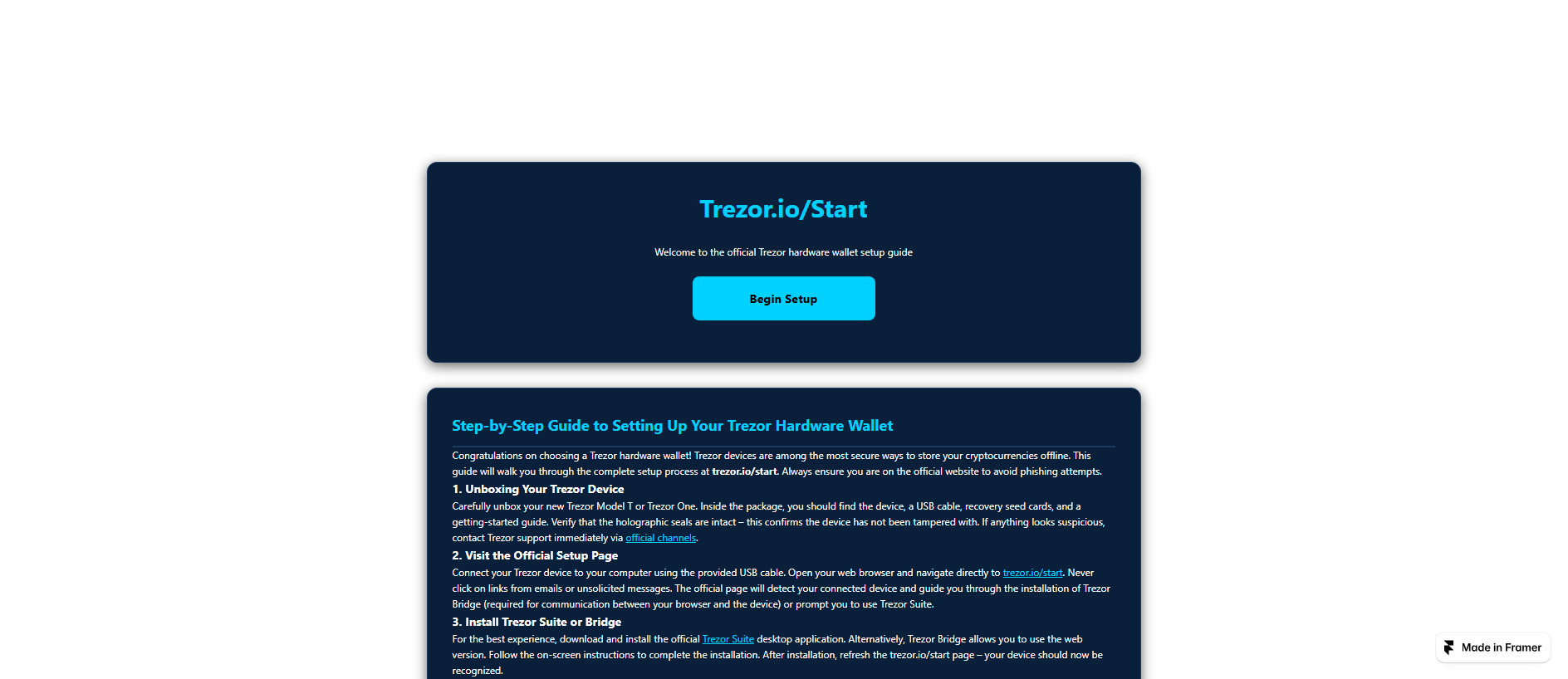 Forensic screenshot of trio-startcom-help.framer.ai showing the phishing page layout