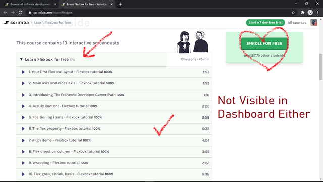 Enrolled Course is Not Visible in Dashboard & Enroll For Free is shown instead of Continue.