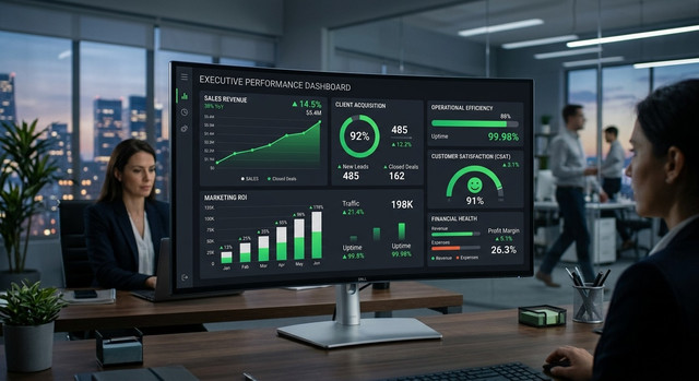 Automazione AI: guida completa e vendor‑neutral per progettare, scalare e misurare il valore 4 Showcasing the measurable impact of AI automation through a dashboard of key performance indicators (KPIs).