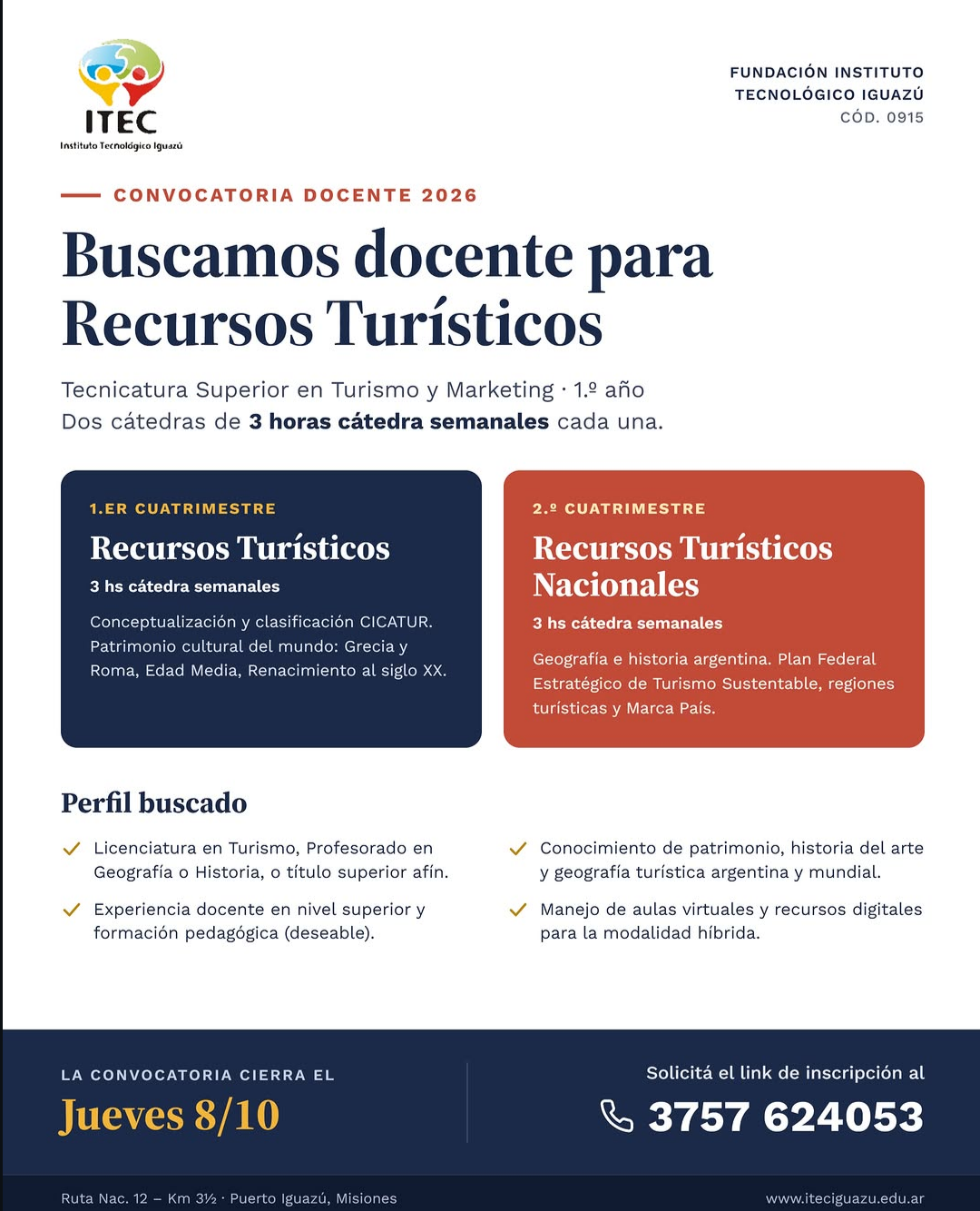 Se Busca Docentes para recursos Turísticos en Puerto Iguazú