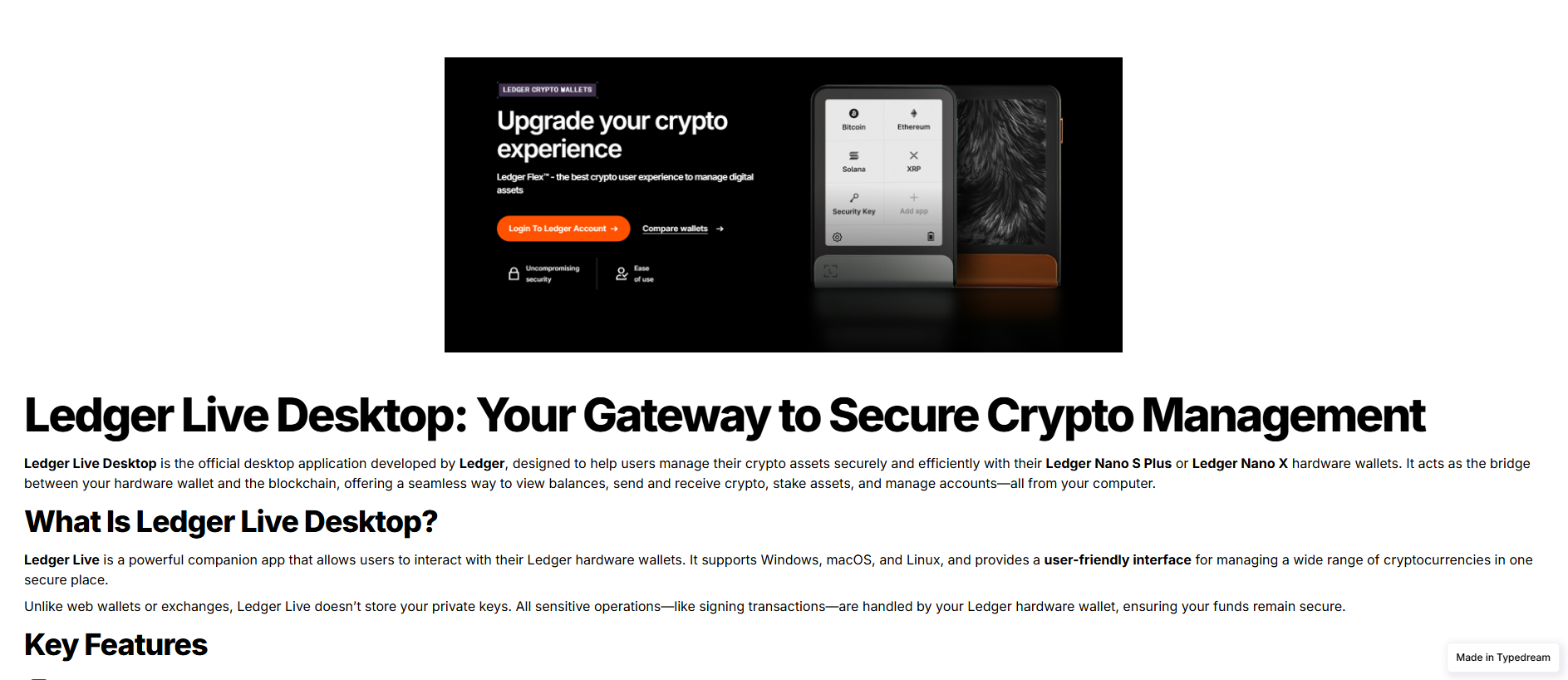 Forensic screenshot of docs--login--ledger-live-desktop-io.typedream.app showing the phishing page layout