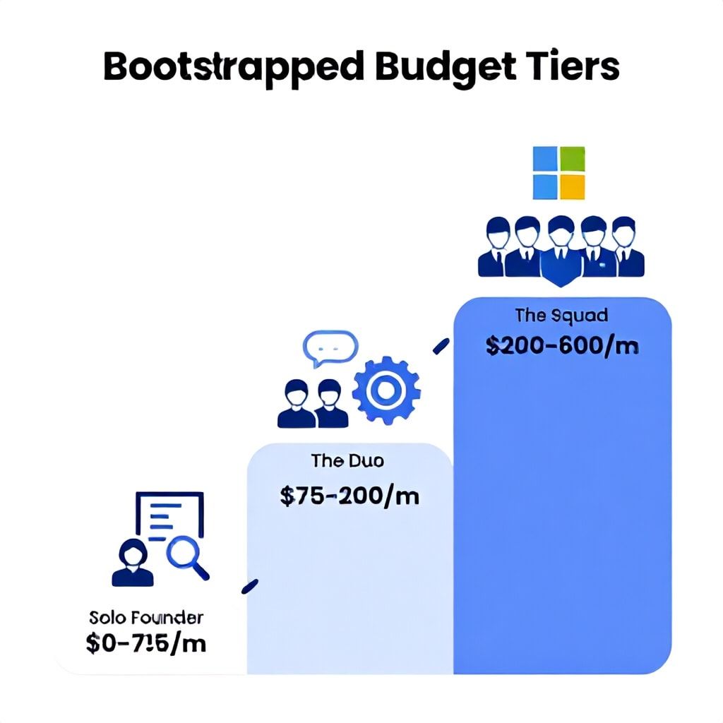 AI Co-Pilot Stack budget tiers for Solo Founder, Duo, and Squad startup stages