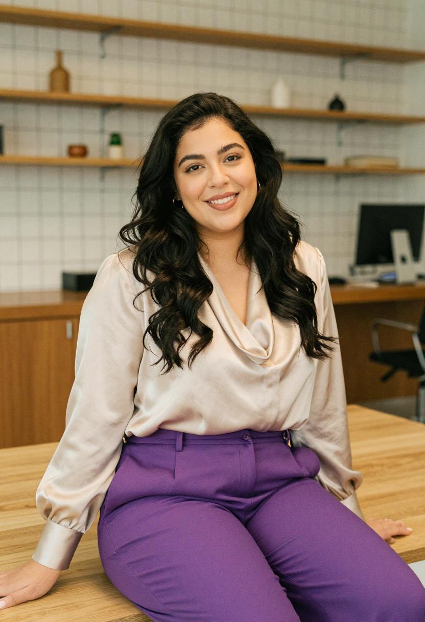 Plum purple wide-leg trousers with champagne silk blouse for curvy professional look