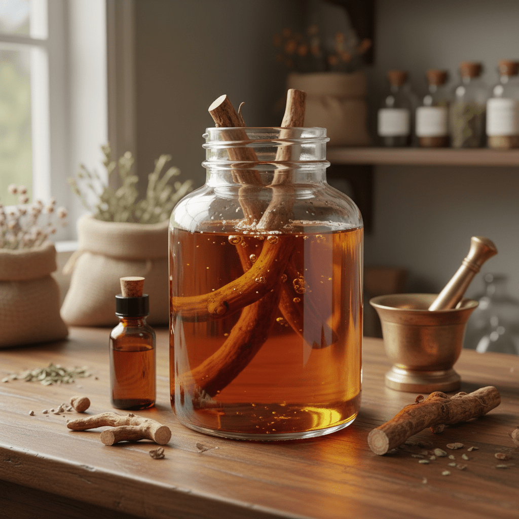 Ashwagandha roots infusing in a glass jar with carrier oil on a wooden countertop
