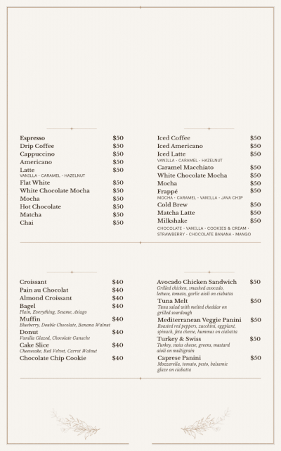 Ciao Cafe's Menu (Slightly Gif)