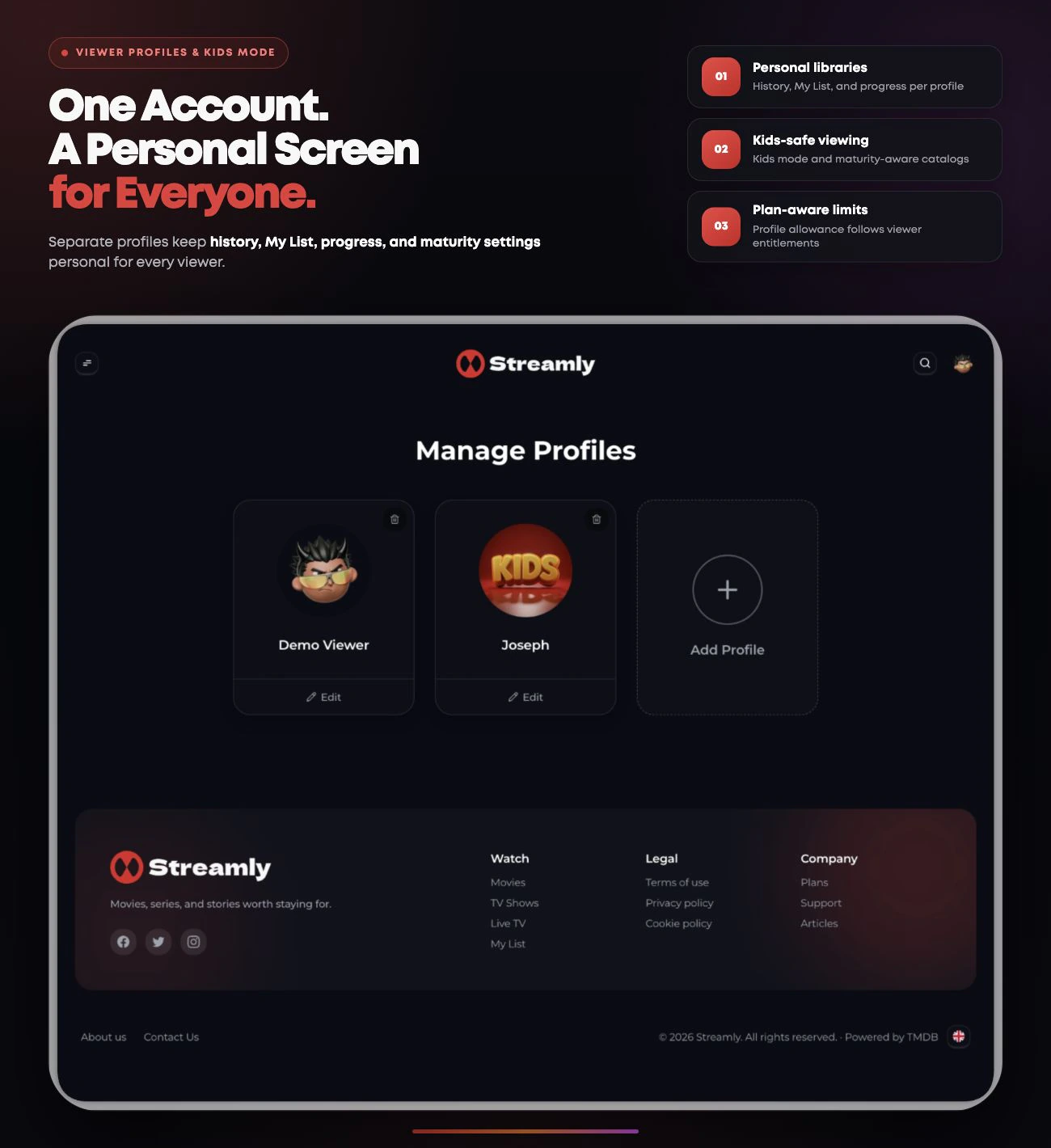 Streamly viewer profile management with adult and kids profiles, personal libraries, maturity-aware catalogs and plan-based limits