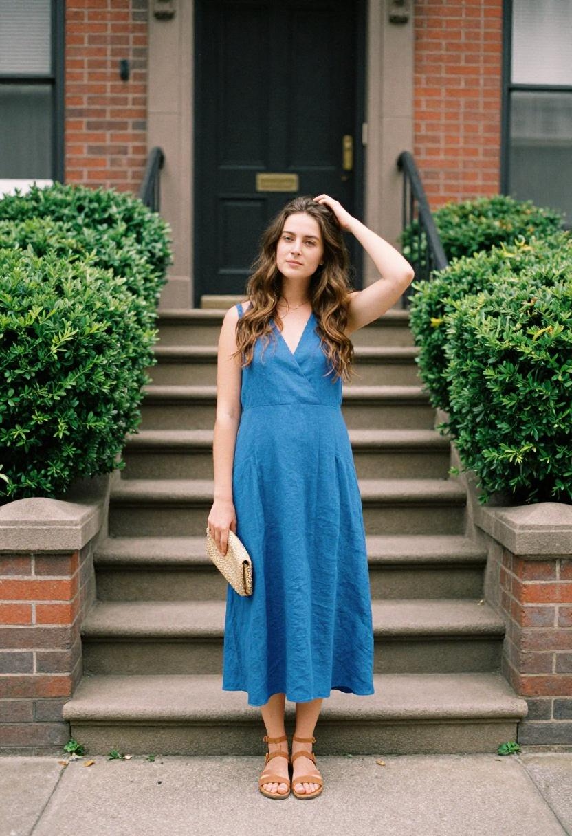 Cobalt blue linen midi dress on a quiet residential street