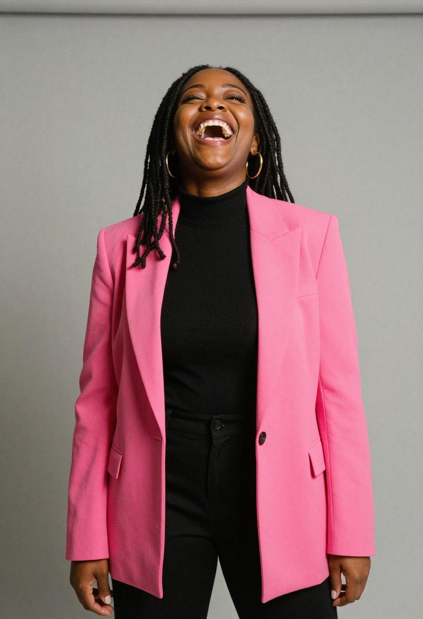 Fuchsia oversized blazer over all-black base for creative professional