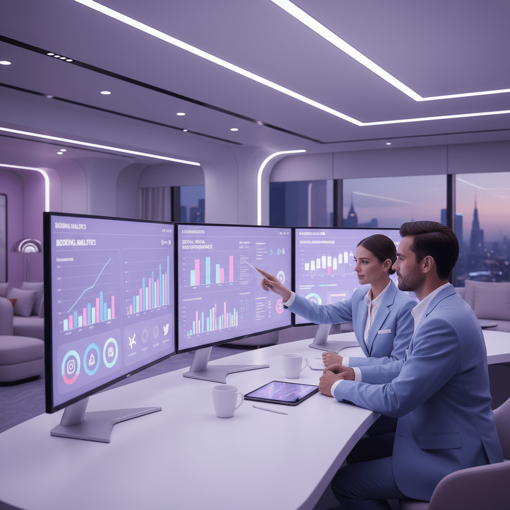 Hotel professionals reviewing bookings analytics and social media performance