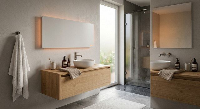 A sleek infrared heating panel in a modern bathroom.