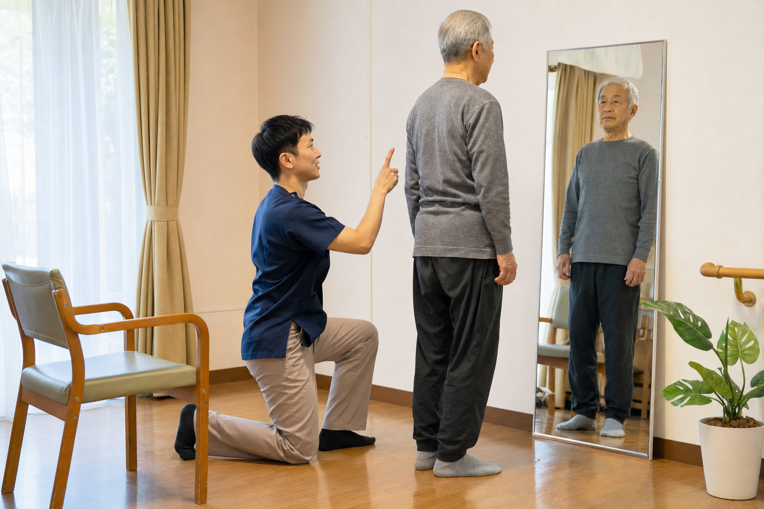 鏡で姿勢を確認するパーキンソン病の方とリハビリ専門職