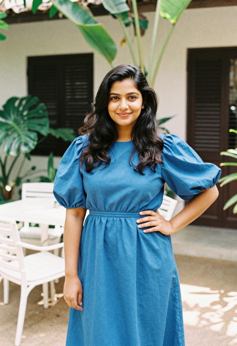 Plus size woman in vibrant cobalt blue puff sleeve midi dress on a sunny garden patio