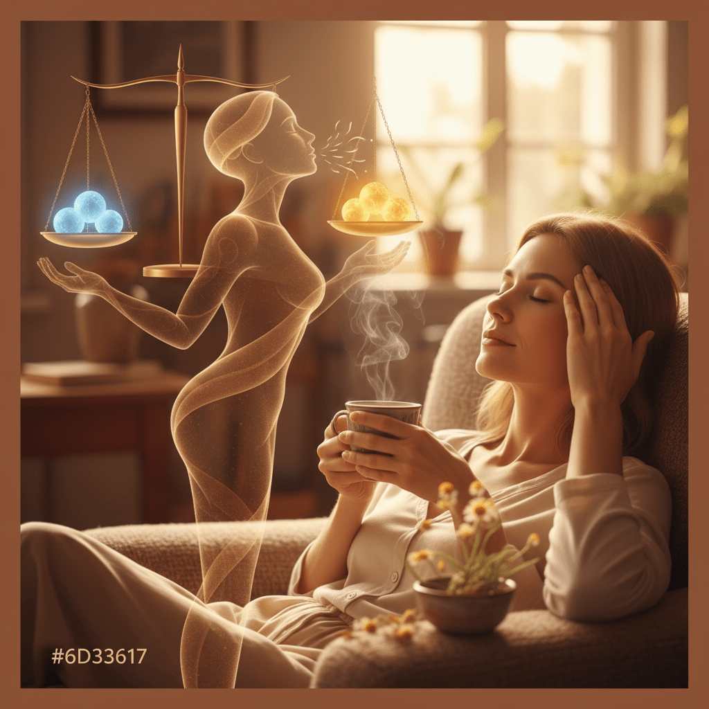 A woman relaxing after work with tea and herbal oil, representing stress relief and balanced cortisol