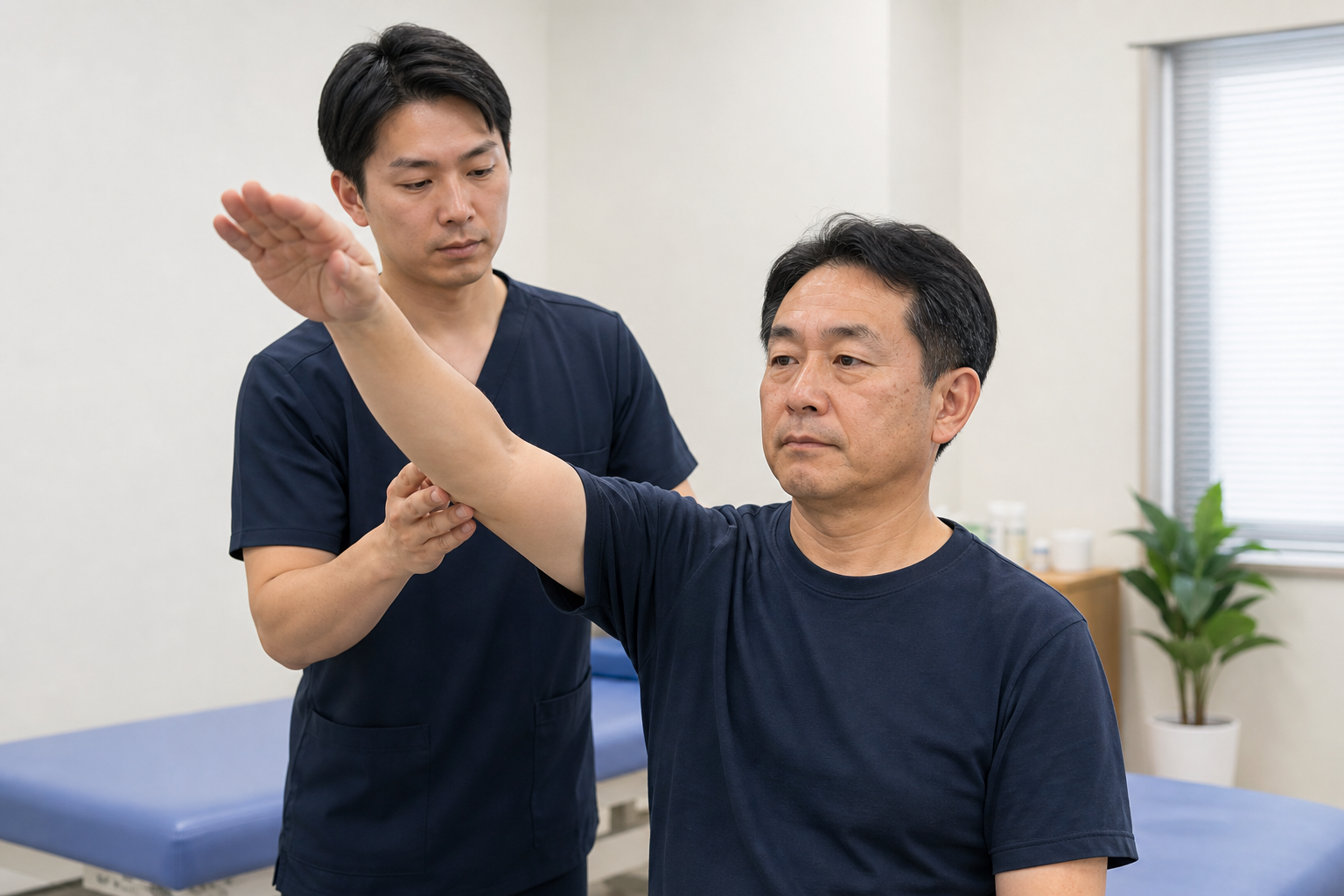 腱板断裂の方が痛みのない範囲で肩を挙げ専門職が評価する場面