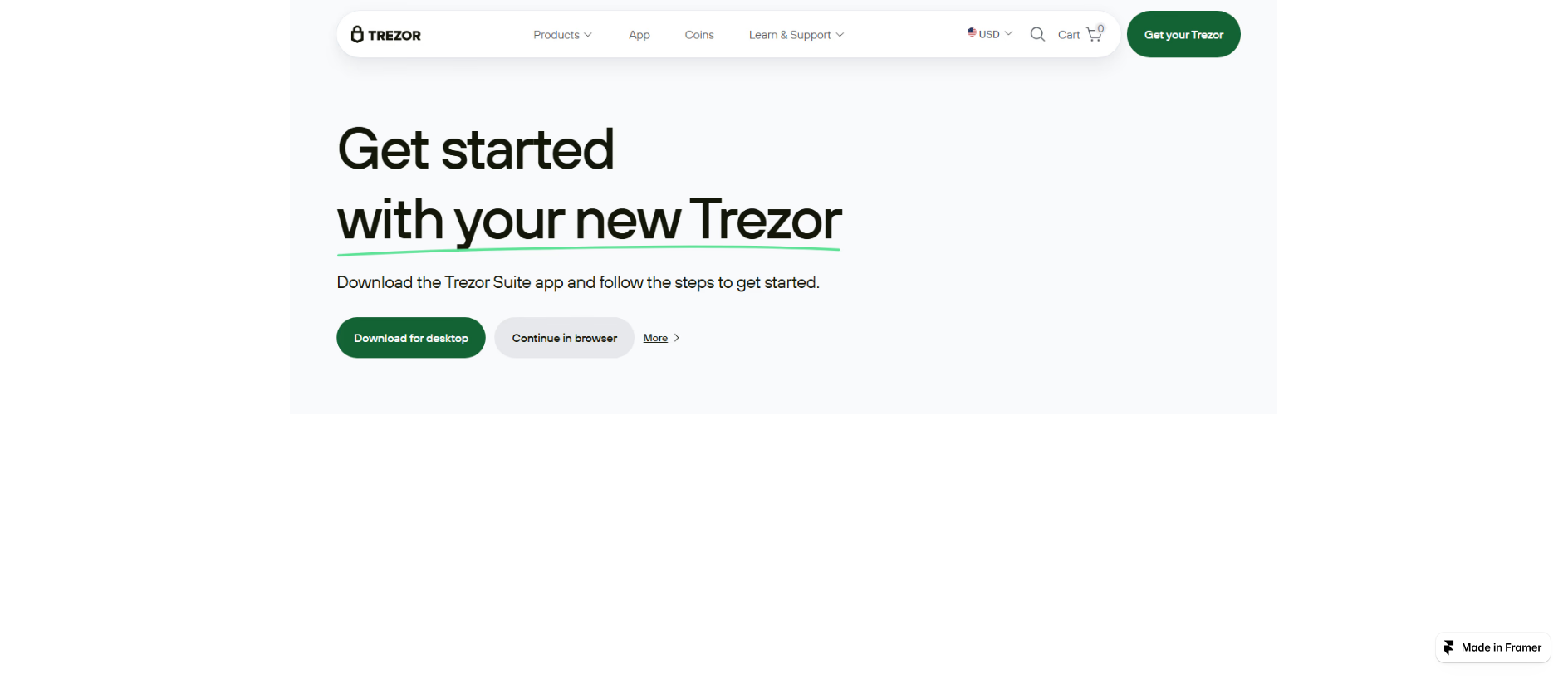 Forensic screenshot of trezurstrt-io.framer.ai showing the phishing page layout