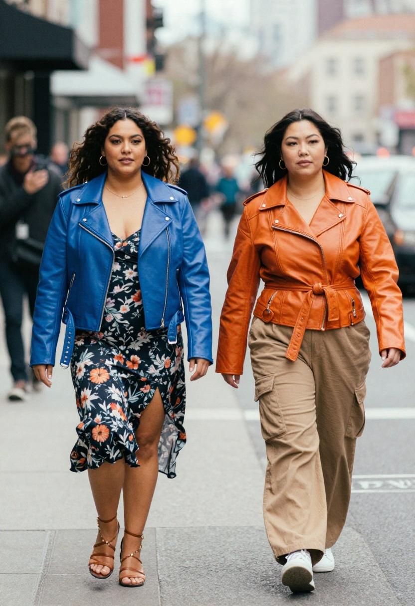 Plus size woman in emerald green cropped leather jacket over striped midi skirt on city street