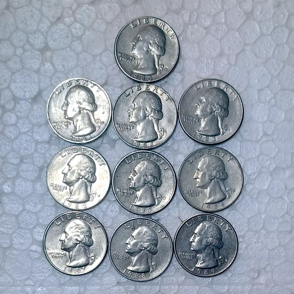 Lote com 10 Moedas Quarter Dollar EUA 1980 a 1989 – Série Completa – MBC