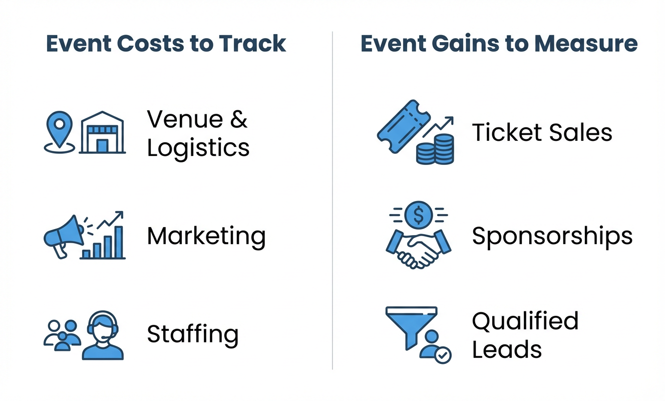 A diagram comparing Event Costs (like venue and marketing) to Event Gains (like ticket sales and sponsorships).