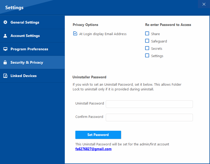 Folder Lock security and privacy settings screenshot for cross platform protection