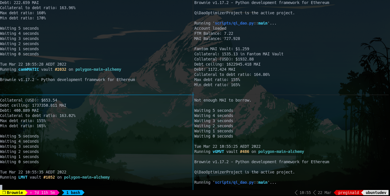 screenshot of the camWMATIC, LINK and vGHST bots on Polygon and FTM bot (top right) on Fantom in action