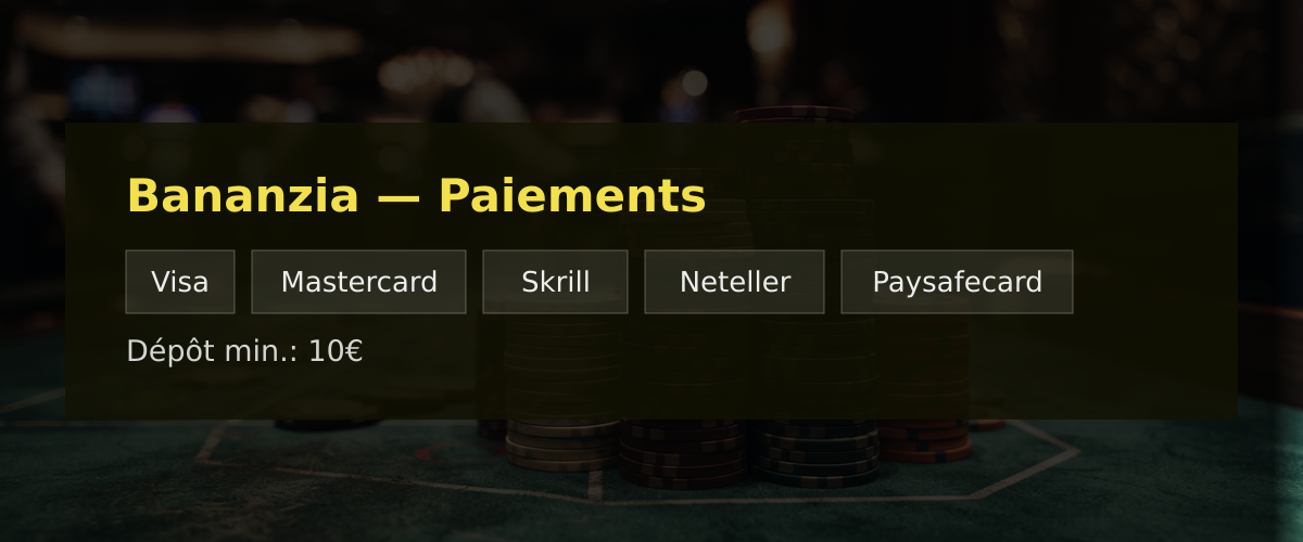 Bananzia — Paiements: Visa, Mastercard, Skrill, Neteller, Paysafecard