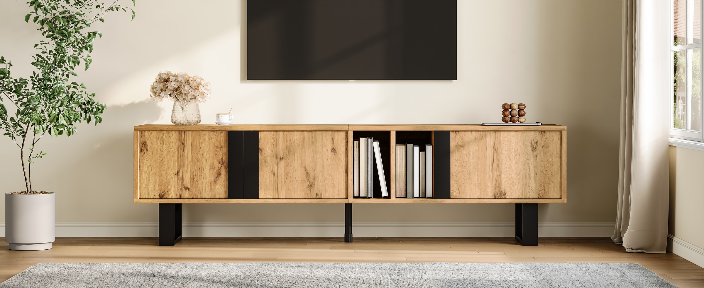 Meuble TV Naturel, 2 Portes, Rangement, Gestion des Câbles, Fermeture Douce, Structure Robuste - 160x40x50cm - Salon 2