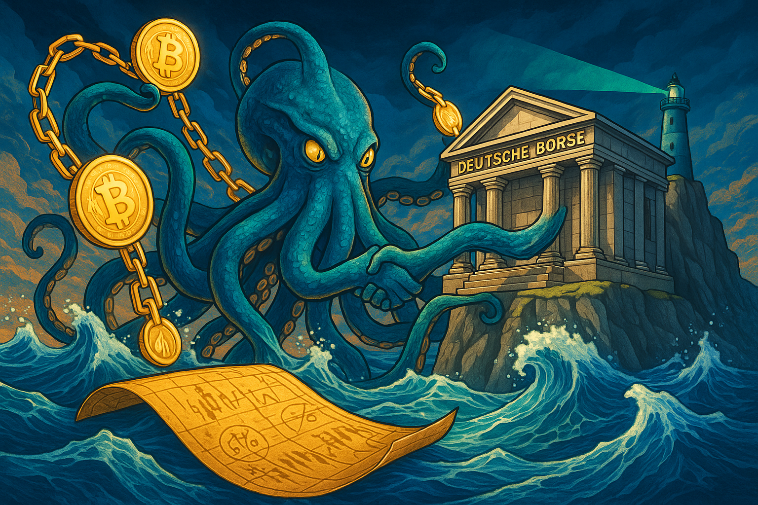 Illustration of Kraken and Deutsche Börse partnership bridging traditional finance and cryptocurrency worlds