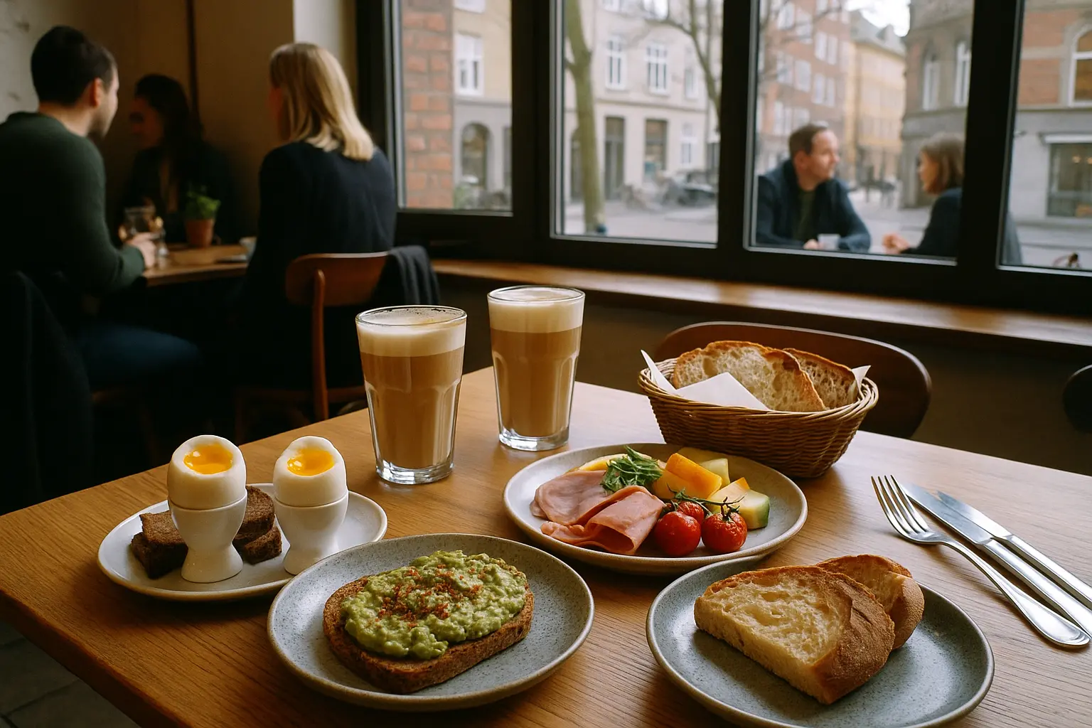 Hyggeligt brunchbord med æg, avocado og kaffe i en lys café i København