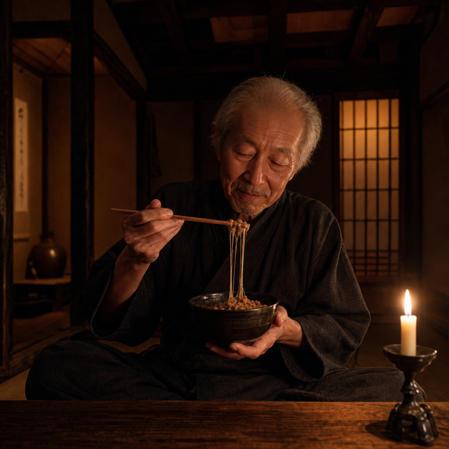Japanese elder eating natto