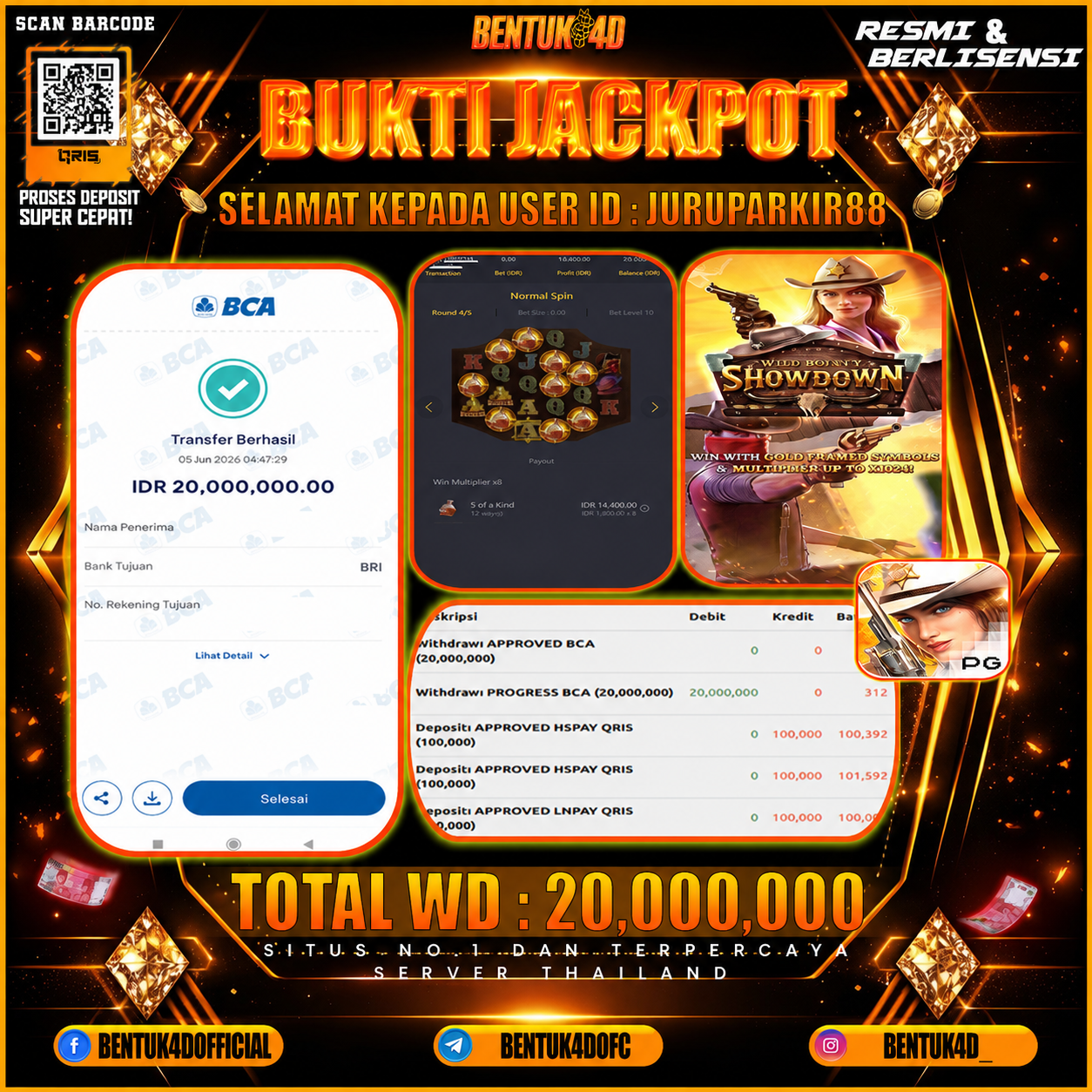 SELAMAT KEPADA USER ID : JURUPARKIR88 KEMENANGAN Rp 20,000,000 (WILD BOUNTY SHOWDOWN) DI BENTUK4D