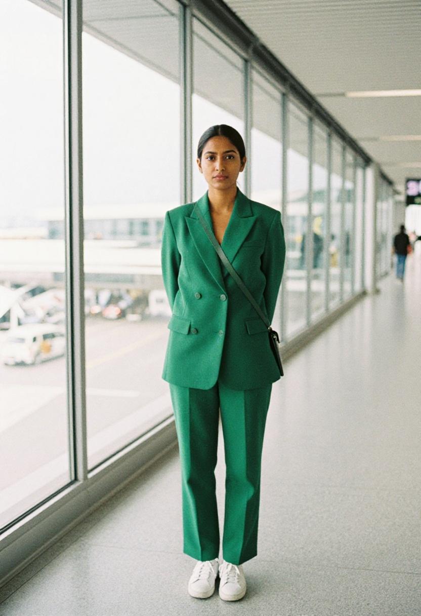 Emerald green matching blazer and trouser set for business travel