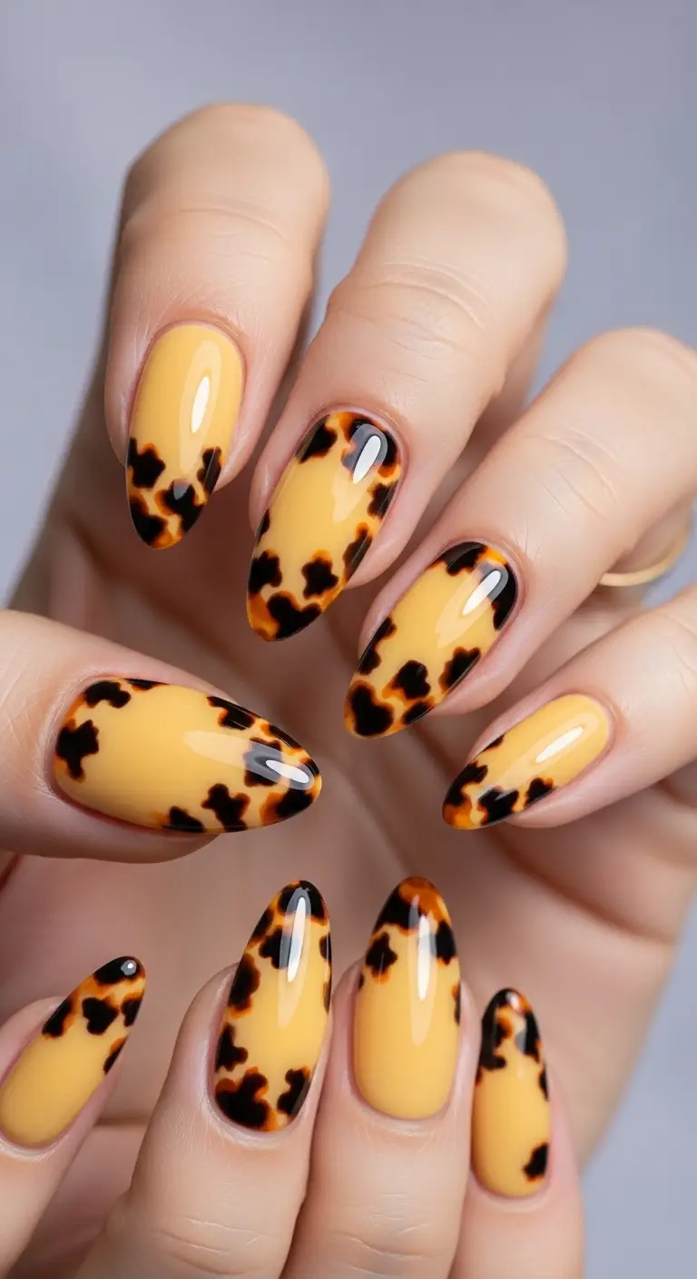 Butter Yellow Tortoiseshell Accent Almond Nails
