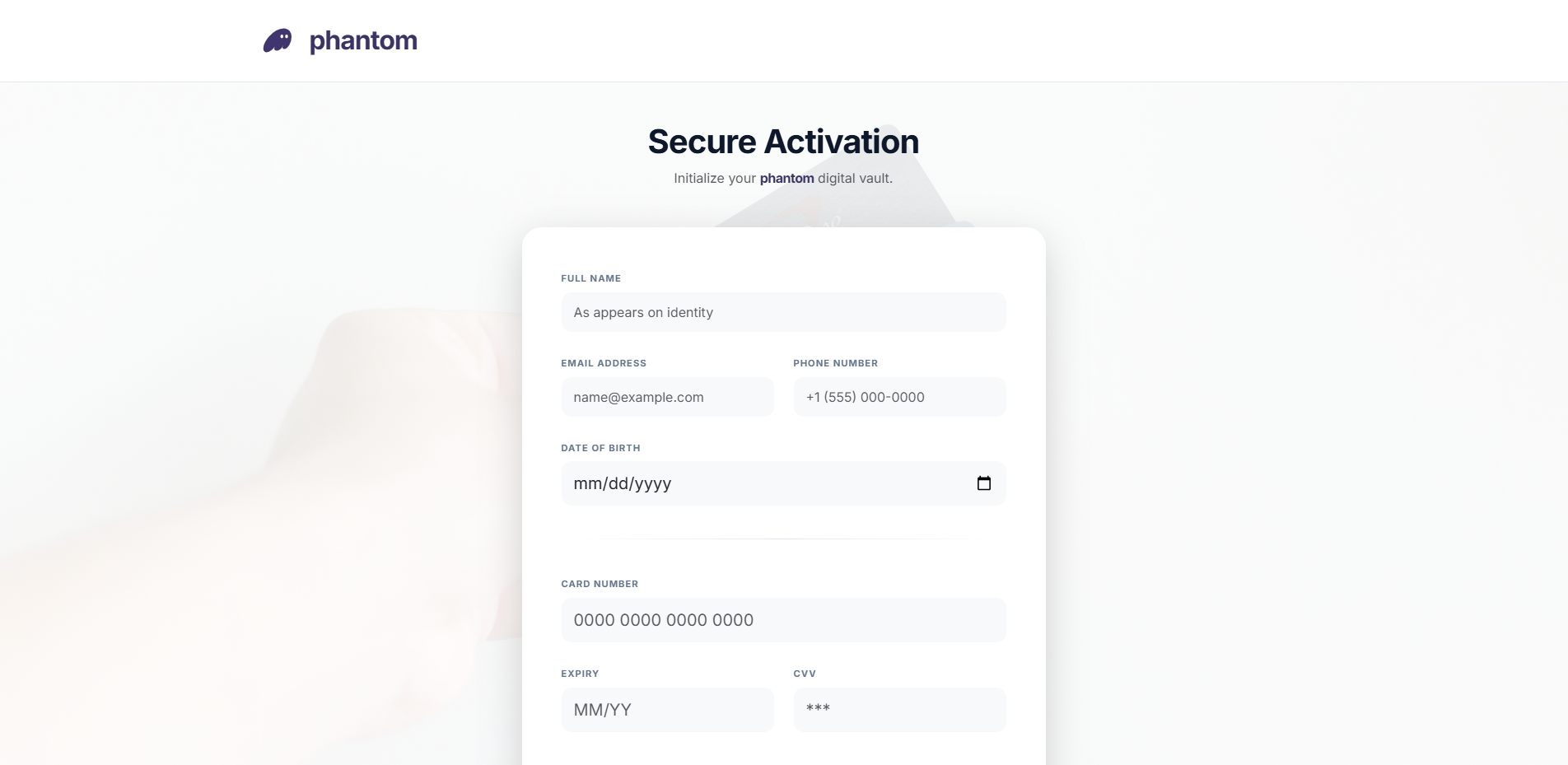 Forensic screenshot of phantomcard.online showing the phishing page layout
