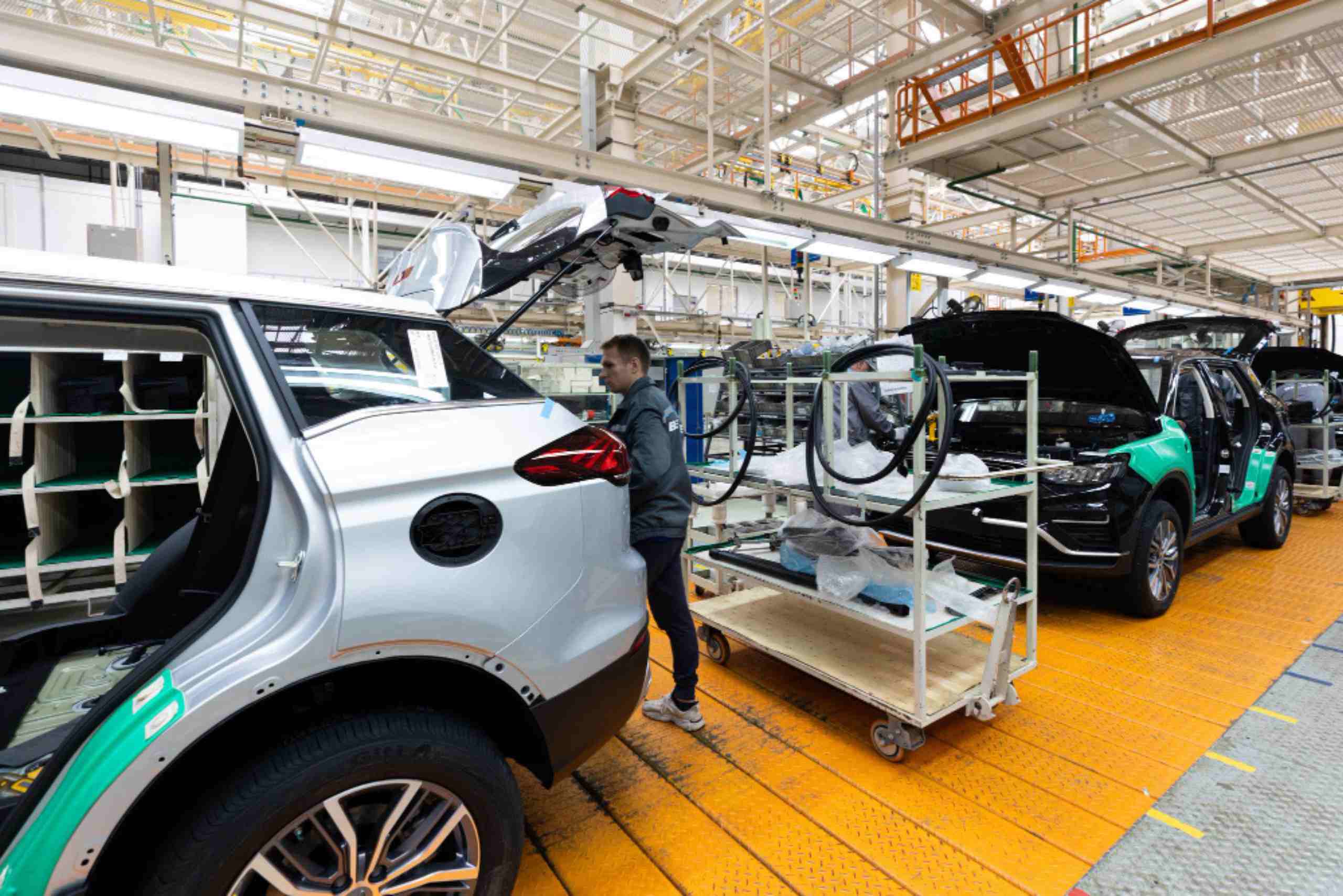 An image depicting an electric vehicle assembly line.