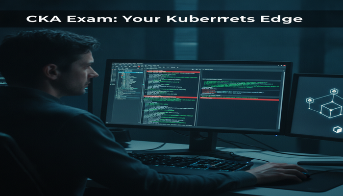 CKA Exam: Your Kubernetes Edge A focused professional troubleshooting Kubernetes issues on a terminal, with command-line interface showing a mix of error and success messages, highlighting the challenge and mastery of the CKA exam.