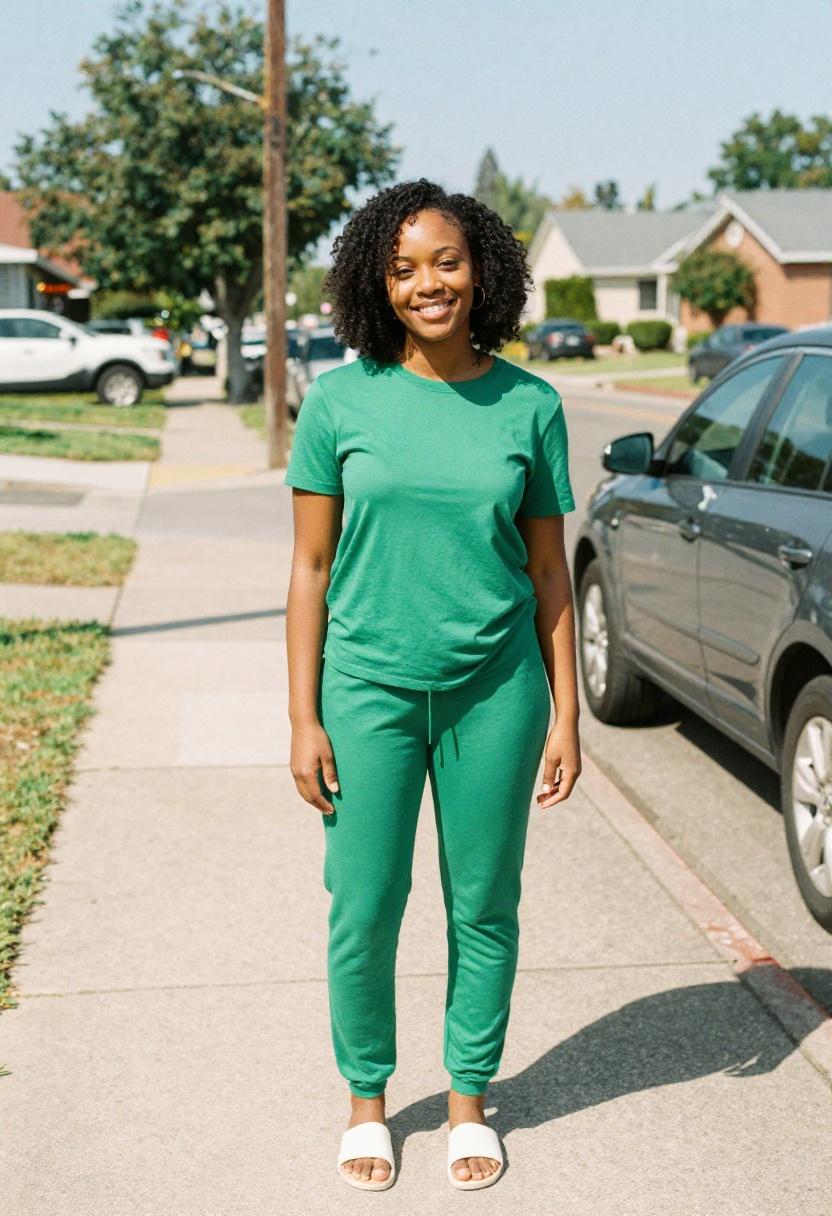Emerald green modal lounge set on a sunny suburban sidewalk