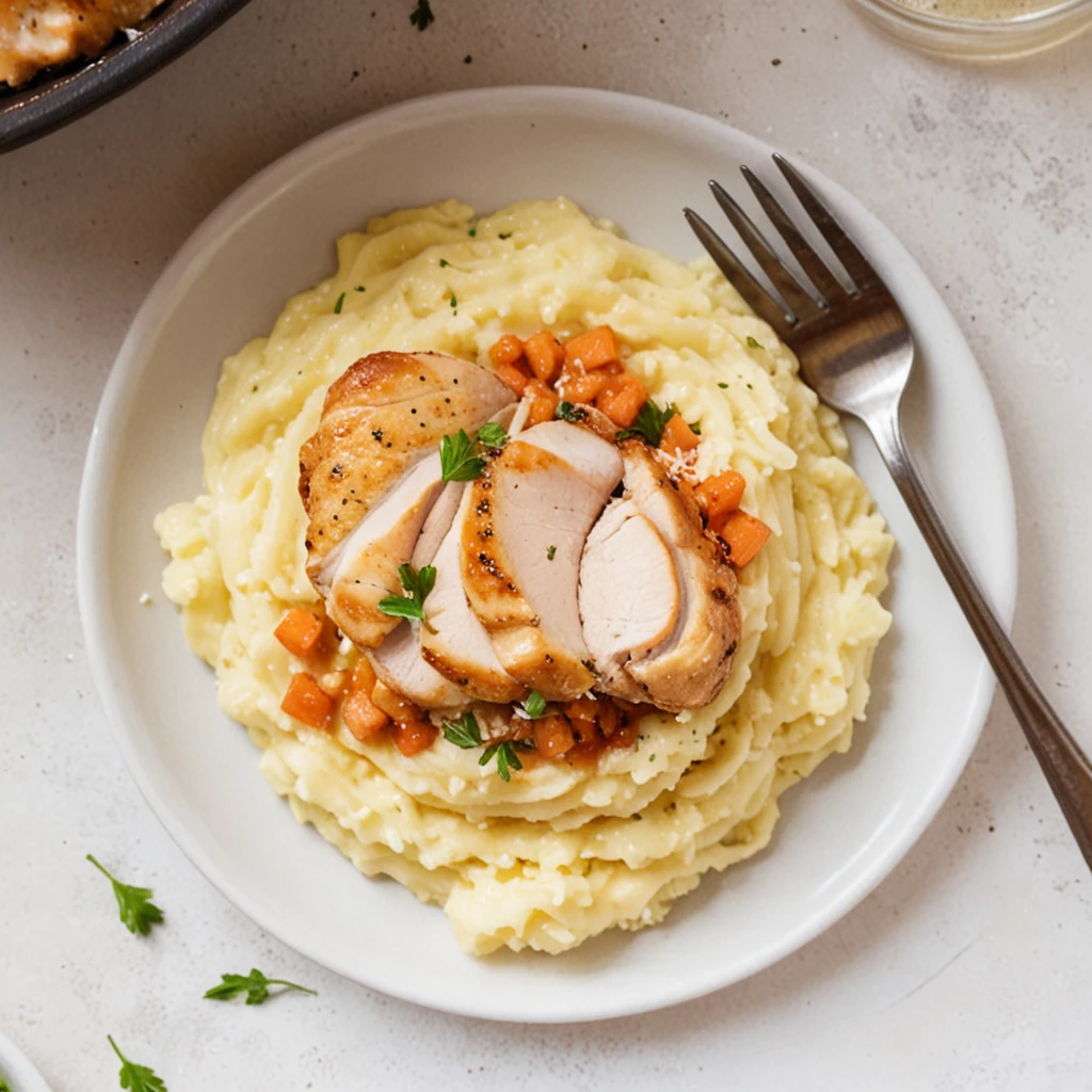 Garlic Chicken Bites with Creamy Sauce over Mashed Potatoes