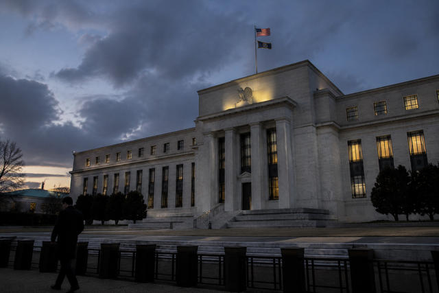 Photorealistic photojournalistic image of the Federal Reserve building in Washington D.C. with neoclassical columns at dusk, documentary new