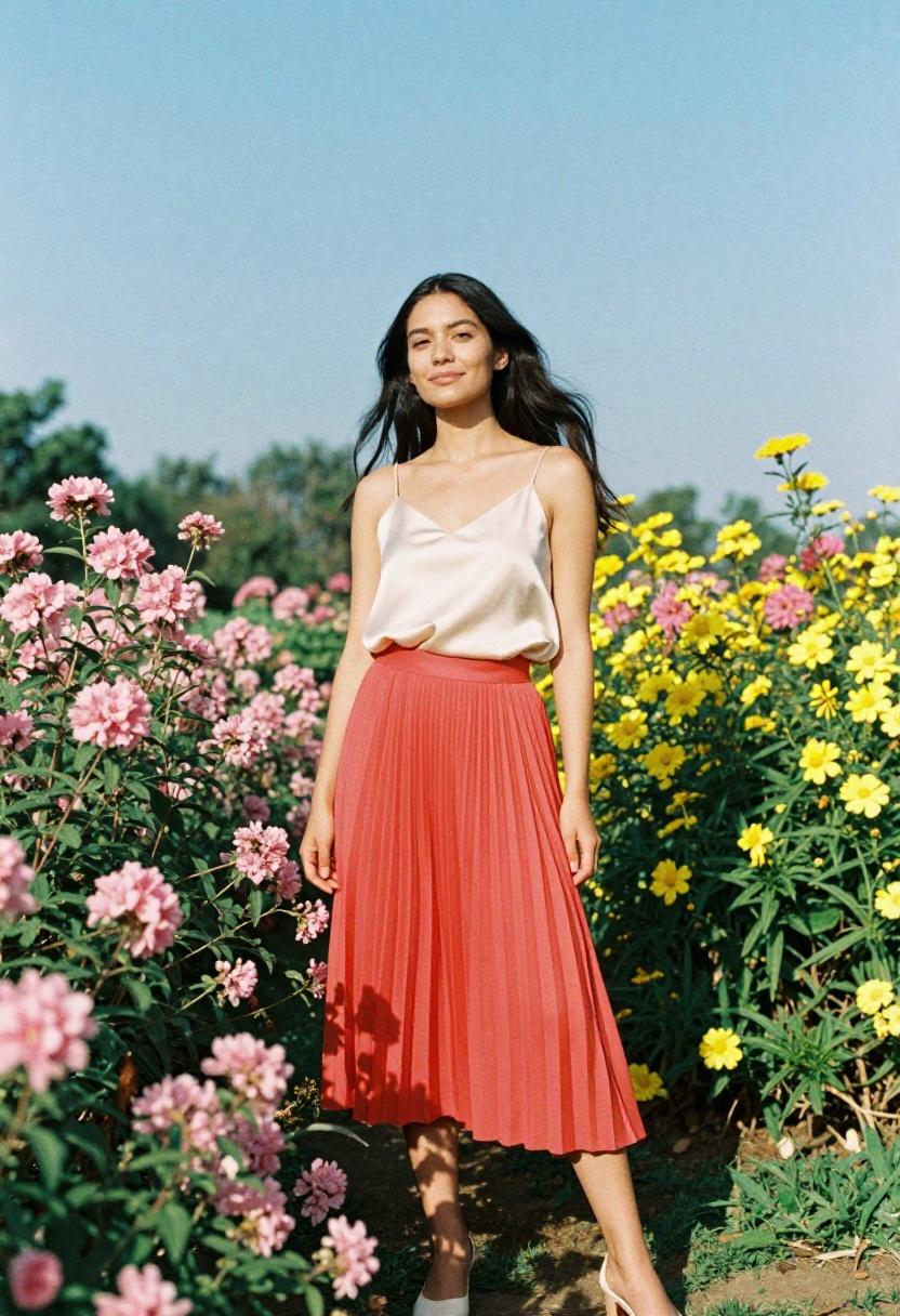 Flowing coral-red pleated midi skirt with cream camisole, garden party elegance