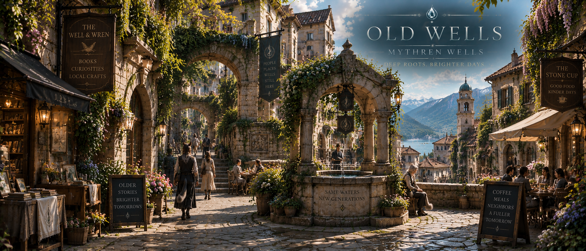 The historic stone streets, old wells and local shops of Old Wells in Mythren Wells.