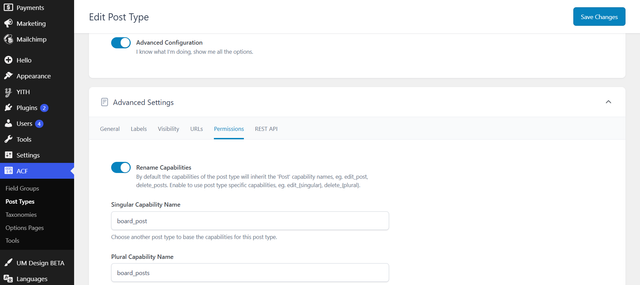 example the custom post type settings set up using ACF