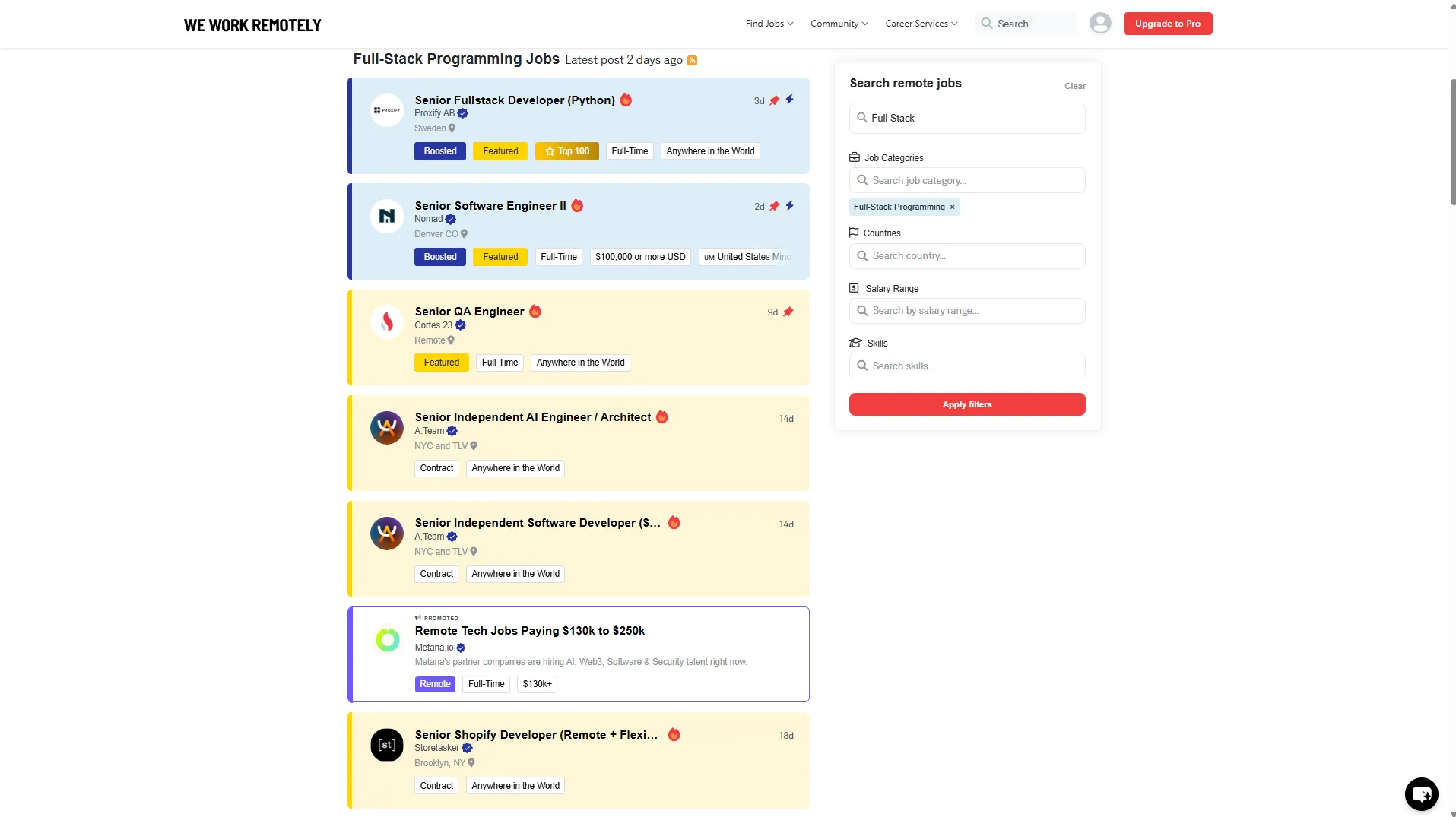 Buscador de trabajos en We Work Remotely buscando un ejemplo de puesto