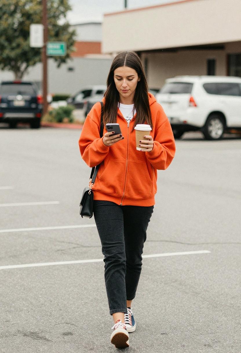 Tangerine hoodie barrel jeans and retro sneakers bowling date outfit
