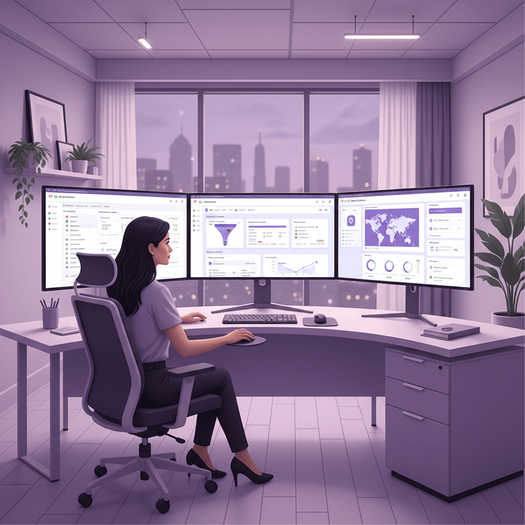 Hotel marketing analyst reviewing SEO and booking metrics on screens