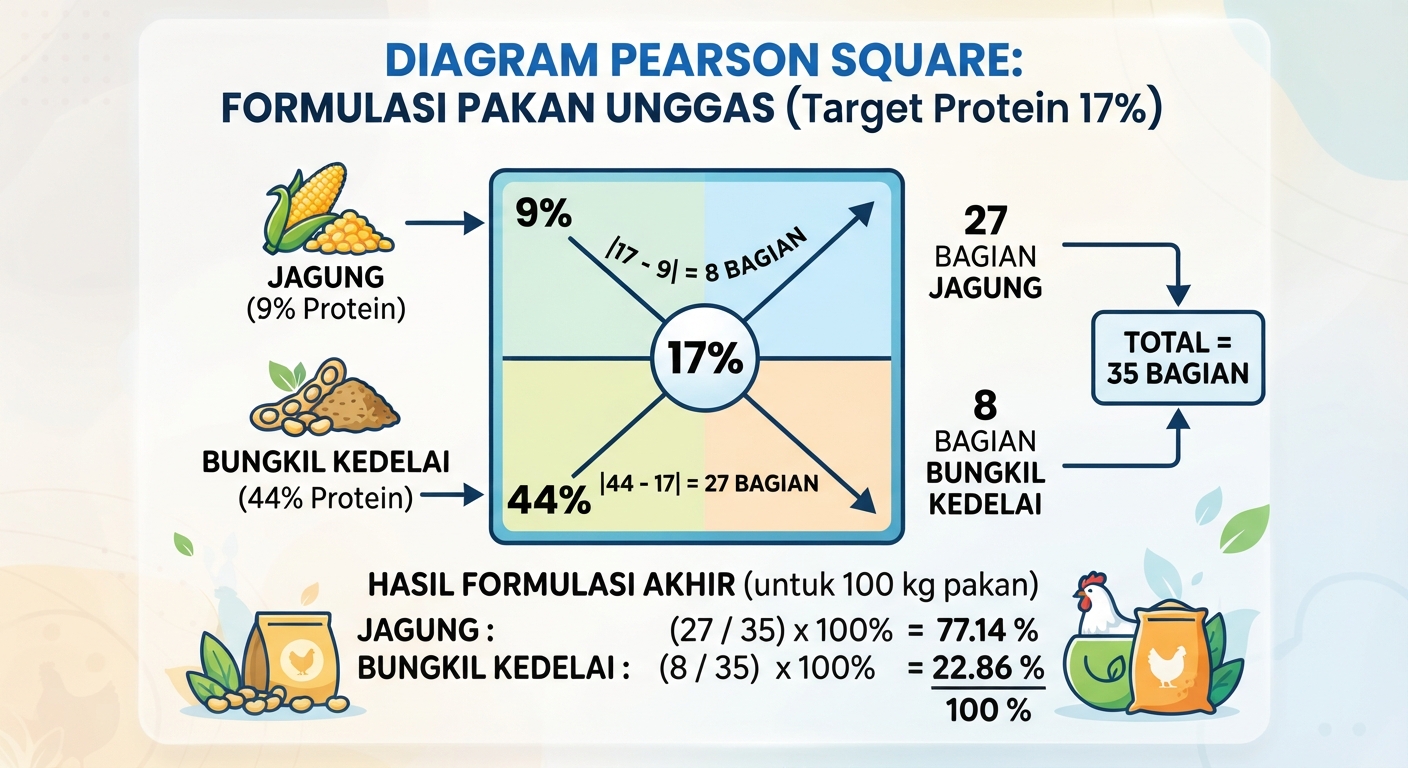 Diagram Pearson Square untuk menghitung formulasi pakan unggas dengan target protein 17 persen