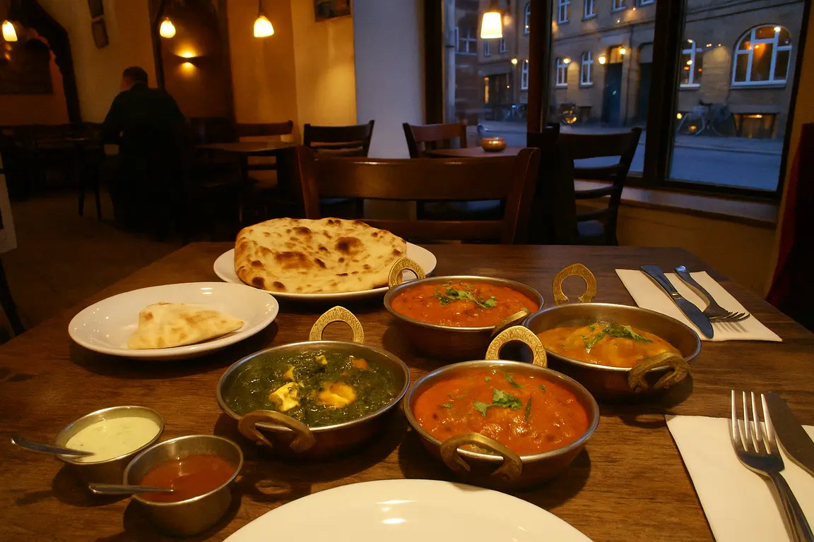 Indisk restaurantmad med farverige karryretter og naanbrød serveret på et træbord.
