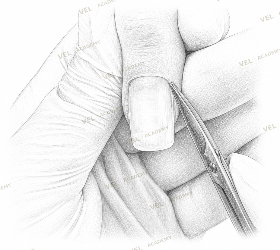 Cuticle scissors at 45 degrees in right sinus step 1 entry point Russian manicure