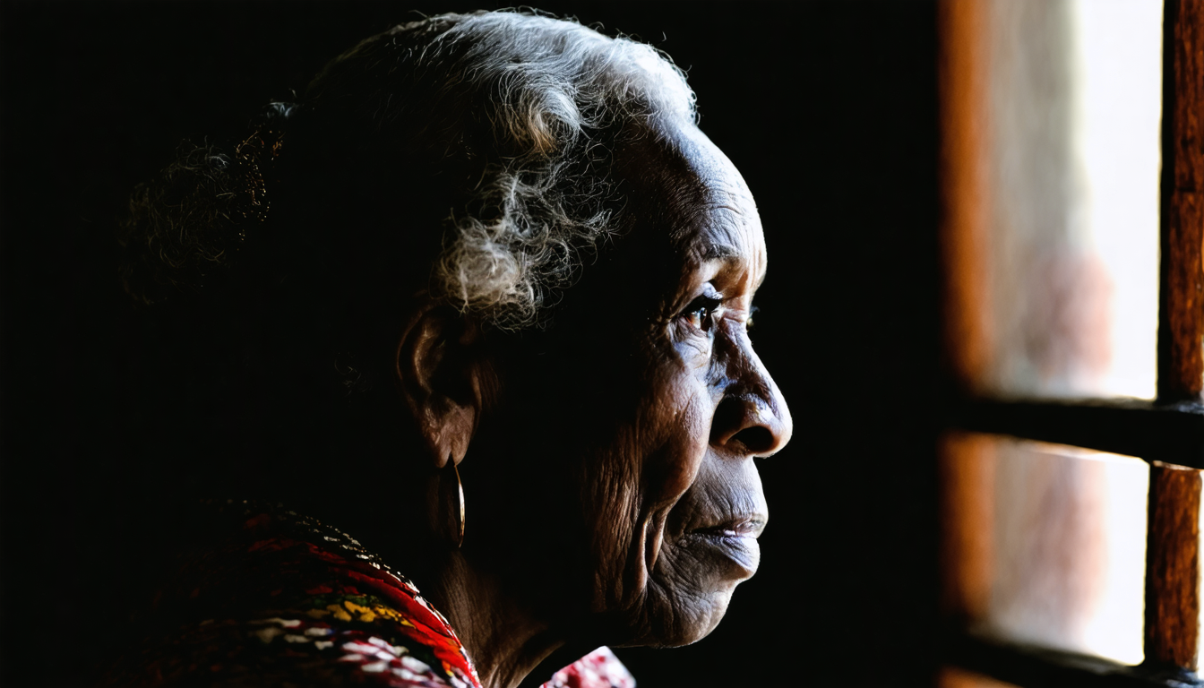 Close-up of an elderly person's weathered, deeply lined face turned toward soft window light, eyes distant and steady.
